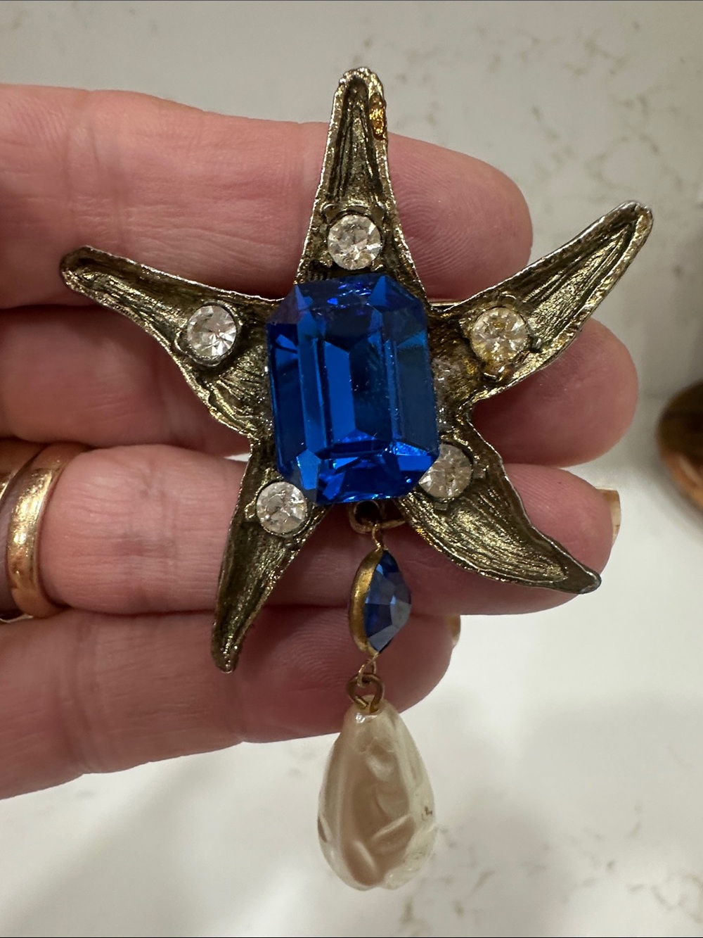Starfish Gem Brooch with Blue Center Stone